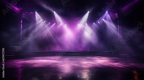 Empty fog stage in purple lighting. Nightclub spotlights. Party background