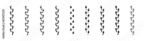 Step footprints paths. footstep prints and shoe steps . shoe tread footprints vector illustration isolated on white background.