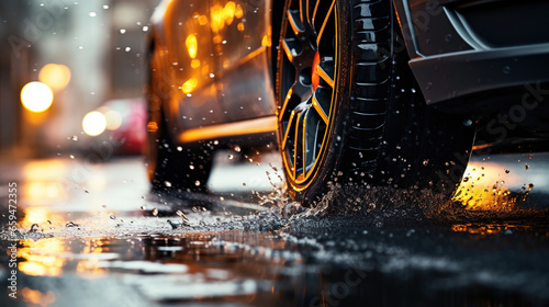 The car drives through puddles after the rain. Close-up of car tires and splashes of water on wet asphalt in the rain. Driving extreme