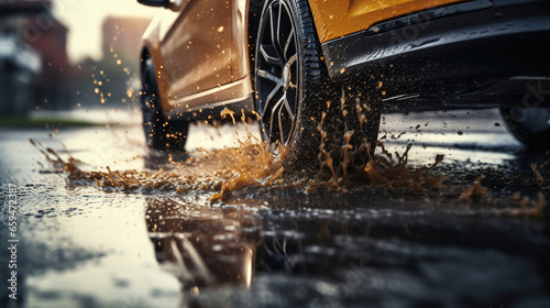 Foto The car drives through puddles after the rain