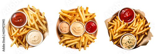 Top-down view of a basket of fries, with a side of ketchup and mayo dips, their colors popping against the white background.
