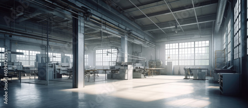Factory Production Workshop. Interior of factory, factory shop, workshop. Industrial building inside. Modern industrial enterprise