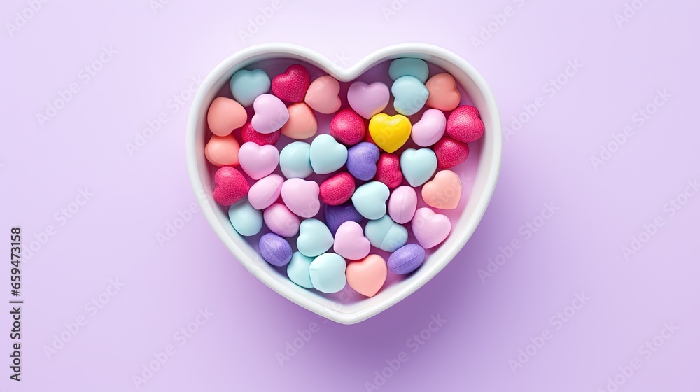  a heart shaped bowl filled with candy hearts on a purple background.  generative ai