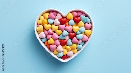  a heart shaped bowl filled with candy hearts on a blue background. generative ai