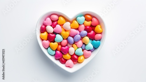  a heart shaped bowl filled with candy hearts on a white surface. generative ai