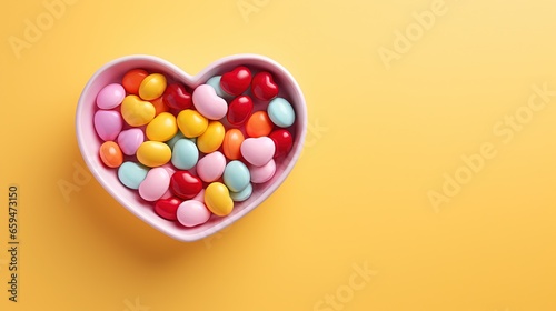  a heart shaped bowl filled with candy hearts on a yellow background.  generative ai