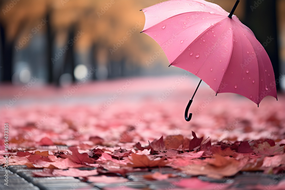 Pink umbrella in the rain, autumn landscape