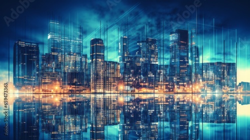 Double exposure of modern skyscrapers and night city.