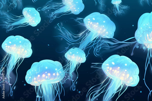 Jellyfish pattern blue colors. Generative ai. © allasimacheva
