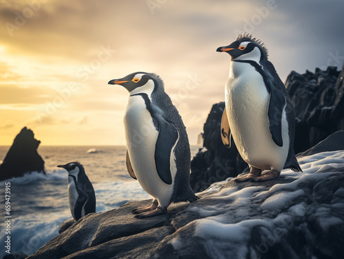 Antarctic penguins standing near the ocean looking outward
