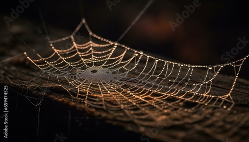 Spider web glistens with dew in autumn forest generated by AI
