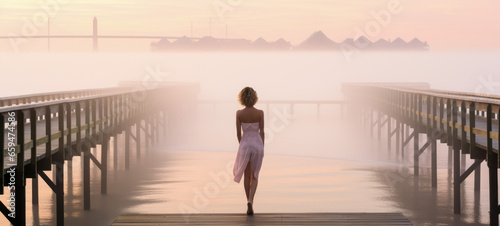 Woman walking on a pier in the misty morning. 3d render