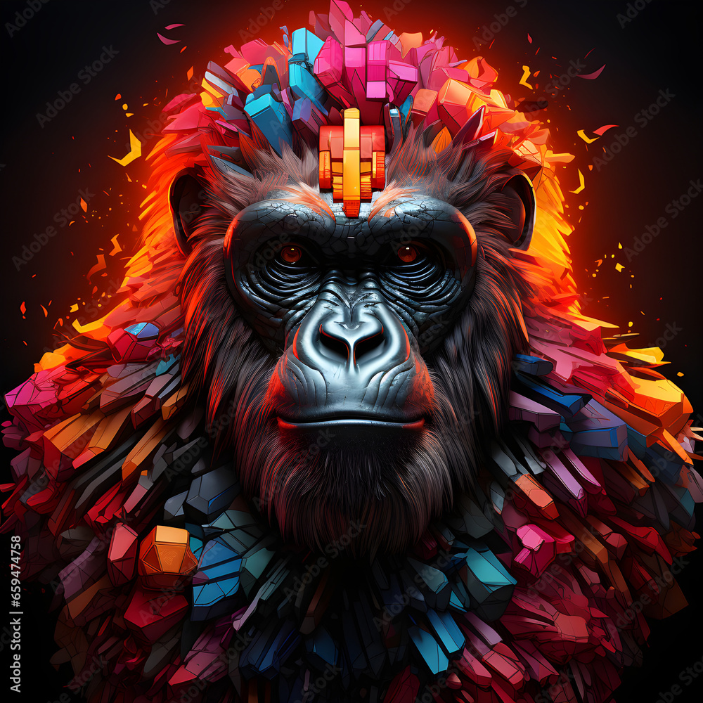 Polygonal colorful gorilla monkey ape head closeup