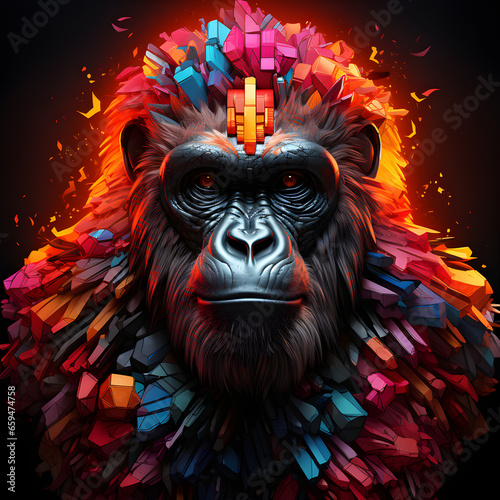 Polygonal colorful gorilla monkey ape head closeup