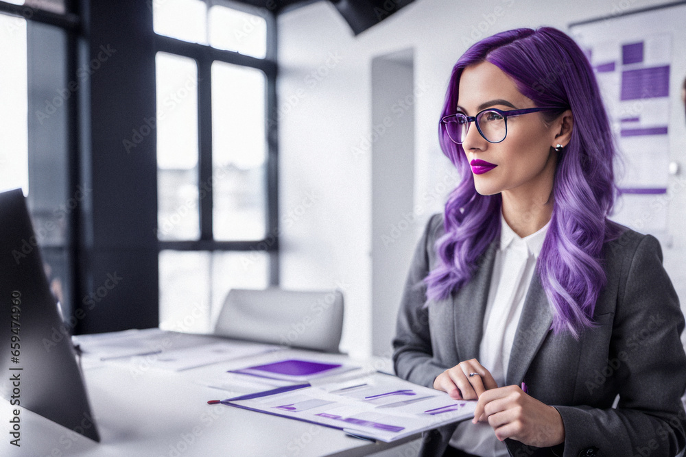 AI generated photo of a confident professional businesswoman working in modern office with laptop. AI generated photo of a confident professional businesswoman working in modern office with laptop.