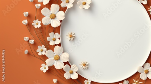  a white paper with white flowers on an orange background with space for text. generative ai