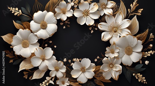  a wreath of white flowers and leaves on a black background.  generative ai