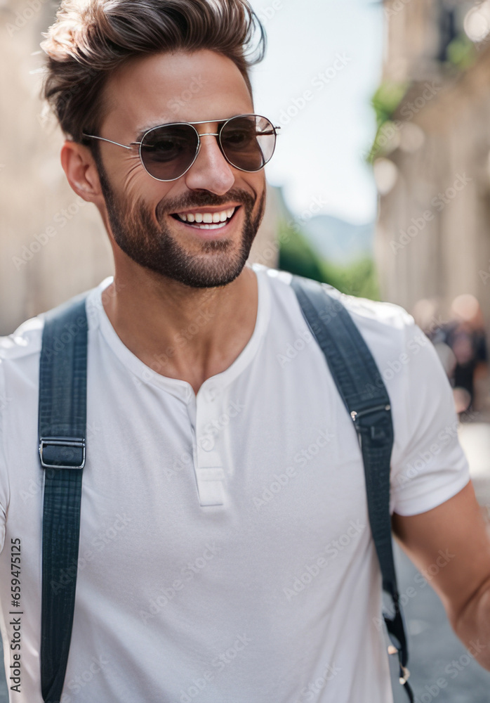 AI generated image of a smiling young man with a backpack, wearing sunglasses, in a city setting. AI generated image of a smiling young man with a backpack, wearing sunglasses, in a city setting.
