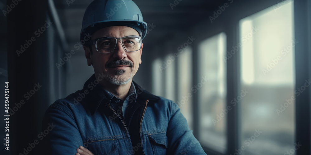 Man Engineer, Builder, Manager, Inspector, Construction Worker. Portrait of a Male in a Construction Hard Hat or Blue protective helmet at a construction site Man Engineer, Builder, Manager, Inspector, Construction Worker. Portrait of a Male in a Construction Hard Hat or Blue protective helmet at a construction site