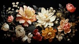  a bunch of flowers that are on a black surface with a black background.  generative ai
