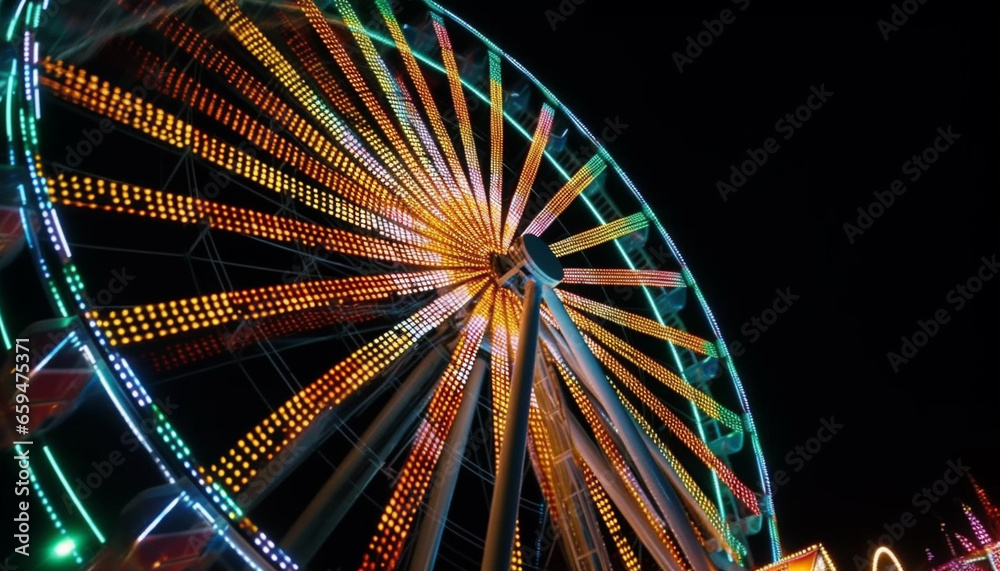 Blurred motion, vibrant colors, carnival excitement at night generated by AI