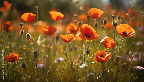 Vibrant wildflowers bloom in tranquil meadow, kissed by sunlight generated by AI