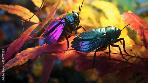 insect duet can drink, perched on leaves, colorful cyberpunk colors with generative ai © Adja Atmaja