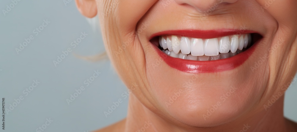 Obraz premium Generative AI, senior woman mouth or teeth smiling, hygiene or dental cleaning cosmetic service