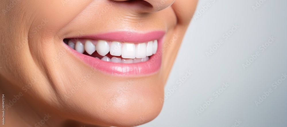 Fototapeta premium Generative AI, senior woman mouth or teeth smiling, hygiene or dental cleaning cosmetic service
