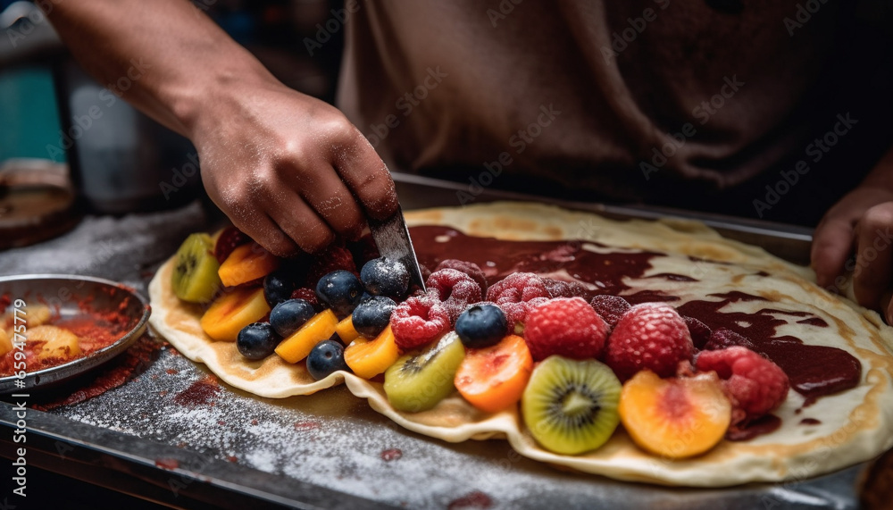 Handmade berry pancakes with fresh fruit toppings generated by AI