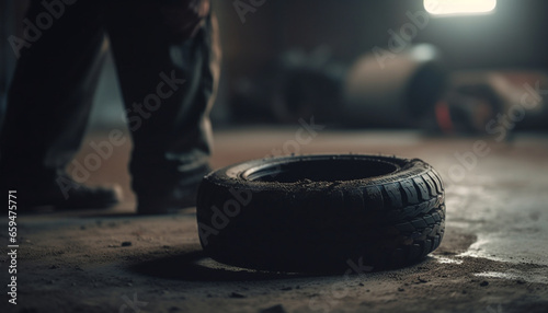 Mechanic repairing dirty tire on old car in dark workshop generated by AI photo