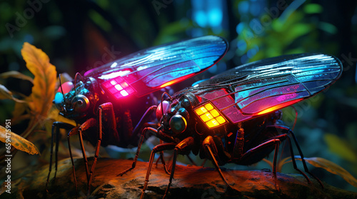 insect duet can drink, perched on leaves, colorful cyberpunk colors with generative ai