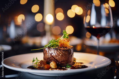 Close up of delicious gourmet main dish meat on table in bokeh lights with elegant resturant. Special course meal concept for events and celebrations. 