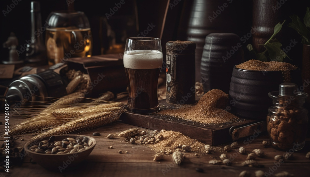 Rustic brewery serves homemade craft beer on wooden table indoors generated by AI