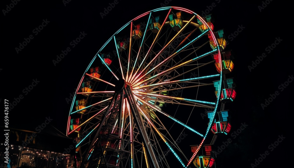 Spinning wheel of joy, carnival vibrant glow generated by AI