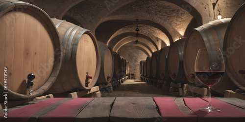A glass of red wine in an old vineyard filled with wooden barrels