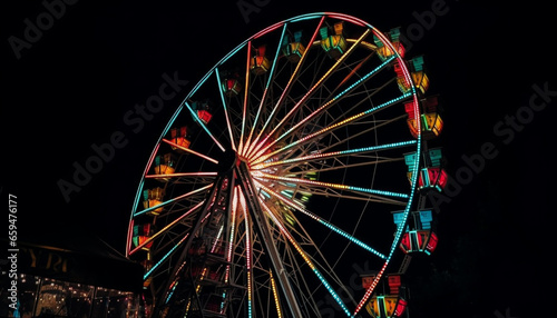 Spinning wheel of joy, carnival vibrant glow generated by AI