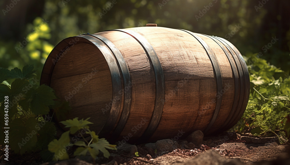 Rustic winery stack old barrels, nature liquid growth in sunlight generated by AI Rustic winery stack old barrels, nature liquid growth in sunlight generated by AI