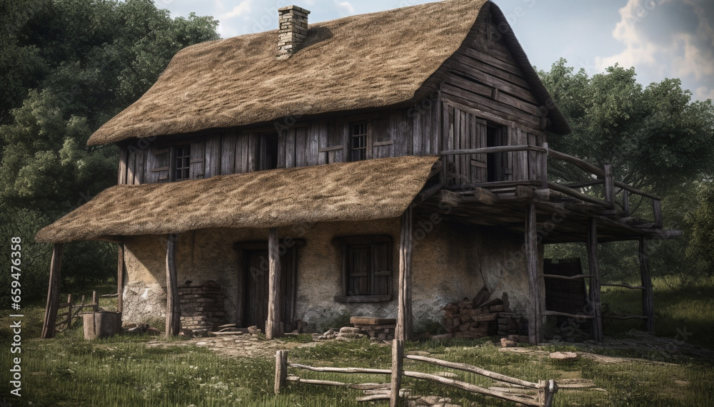Rustic hut in old forest, abandoned and run down generated by AI Rustic hut in old forest, abandoned and run down generated by AI