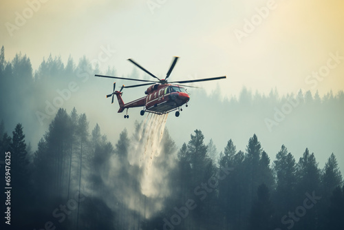 Fire fighting helicopter leaves water to the forest