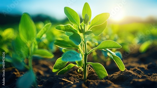  a small green plant growing in a dirt field with the sun in the background.  generative ai