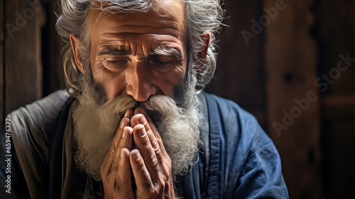 Senior bearded man portrait with hands in praying position