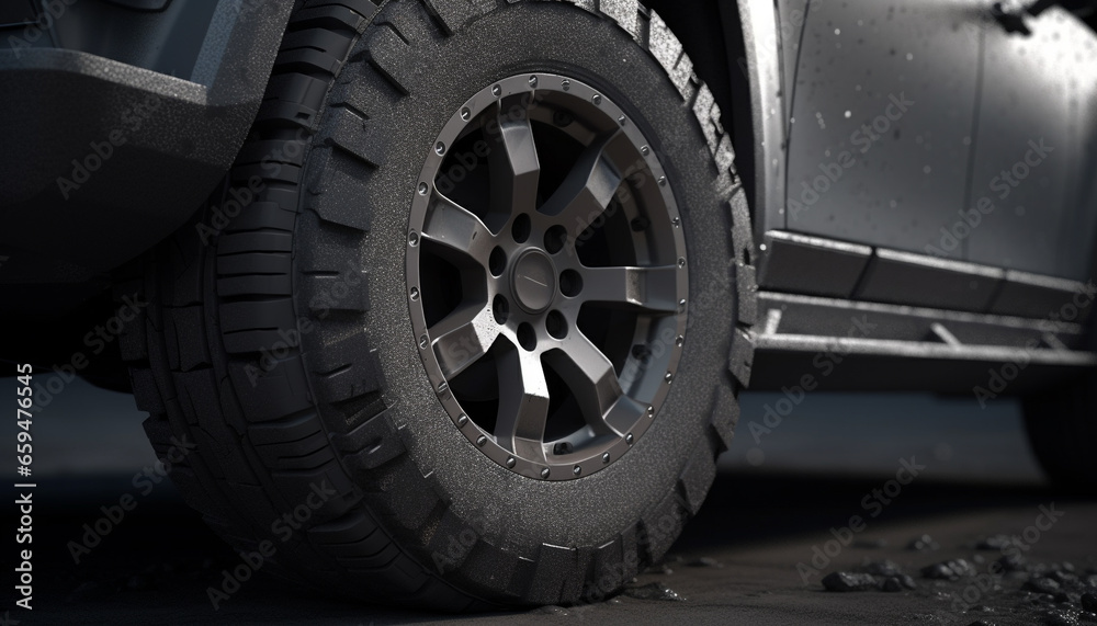 Shiny alloy wheel on dirty sports utility vehicle needs repairing generated by AI Shiny alloy wheel on dirty sports utility vehicle needs repairing generated by AI