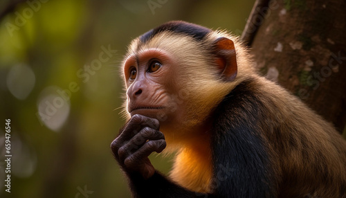 Young macaque sitting in tropical rainforest tree generated by AI photo