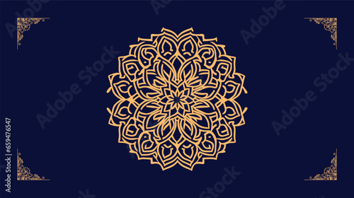 Arabic Vector traditional luxury ornamental mandala design background in gold color design and Navy Blue color background floral mandala patterns design.