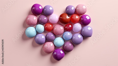  a heart shaped arrangement of colored eggs on a pink background. generative ai © Shanti