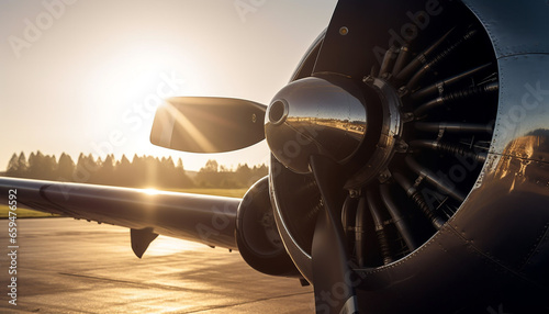 Sunset flying Airplane propeller speeds through metal aircraft wing generated by AI