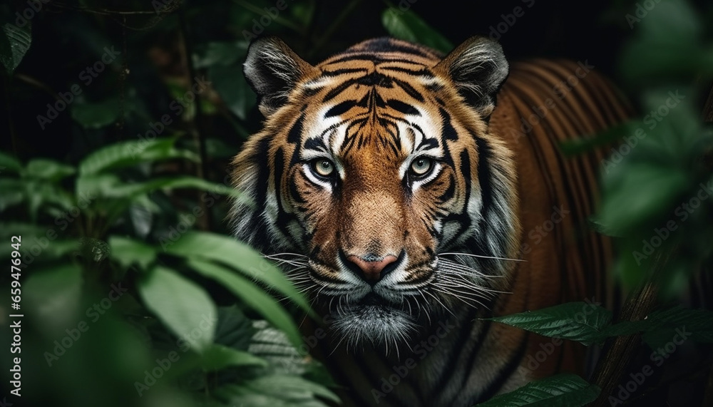 Bengal tiger staring, close up portrait in wilderness generated by AI