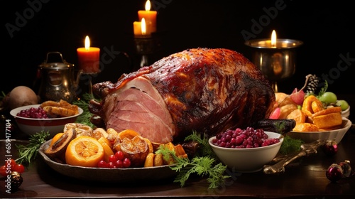  a large ham is sitting on a platter surrounded by other foods. generative ai