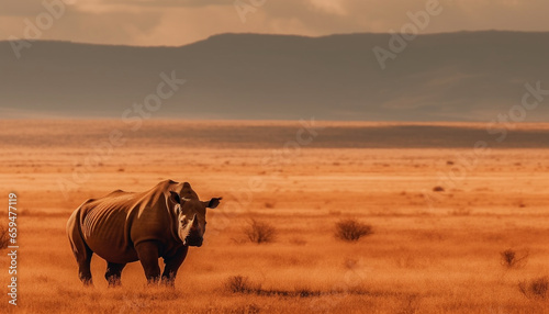 Horned mammal grazing on yellow savannah grass generated by AI © Jeronimo Ramos